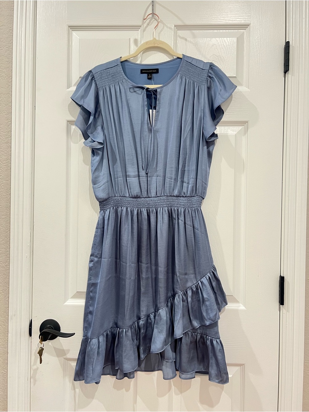 Banana Republic Blue Flutter Sleeve Ruffle Hem Satin Dress Size 14 NWT